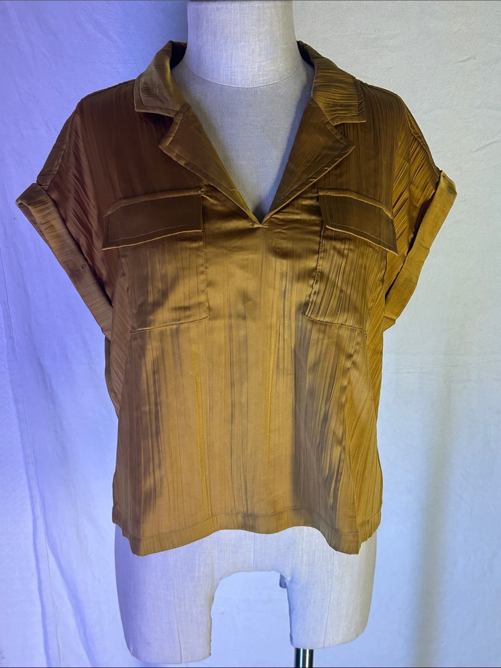 Rachel Zoe Satin Short-Sleeve Pocket Blouse - Mustard Brown